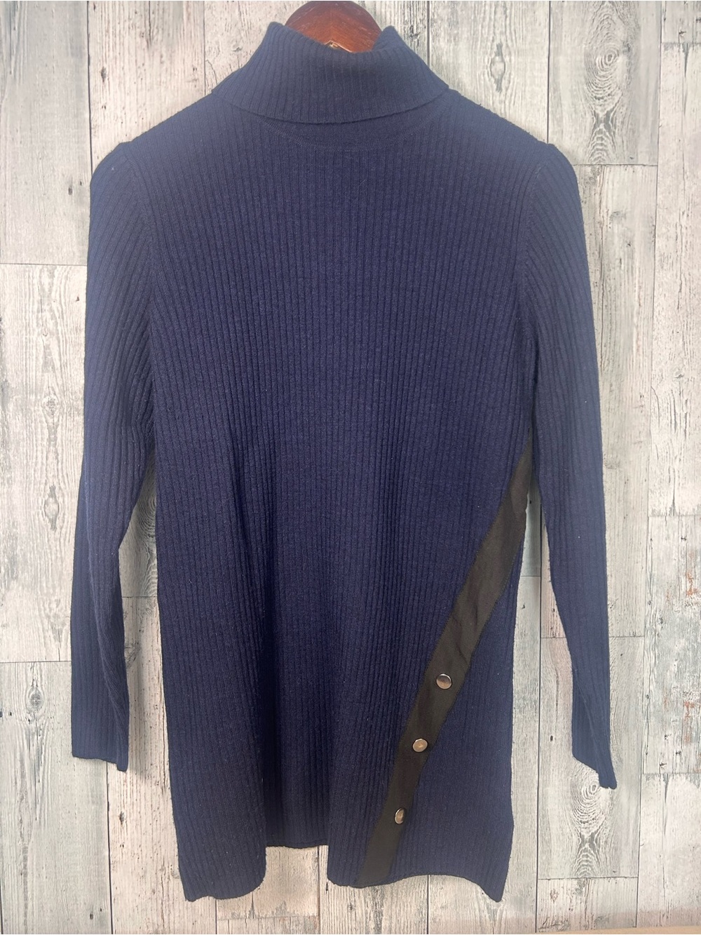 Max Studio Navy 100% Merino Wool Ribbed Turtleneck Tunic Sweater
Side Snaps S